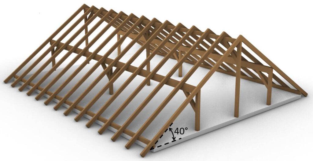 Example of a pitched roof with 40° inclination - timber purlin roof.