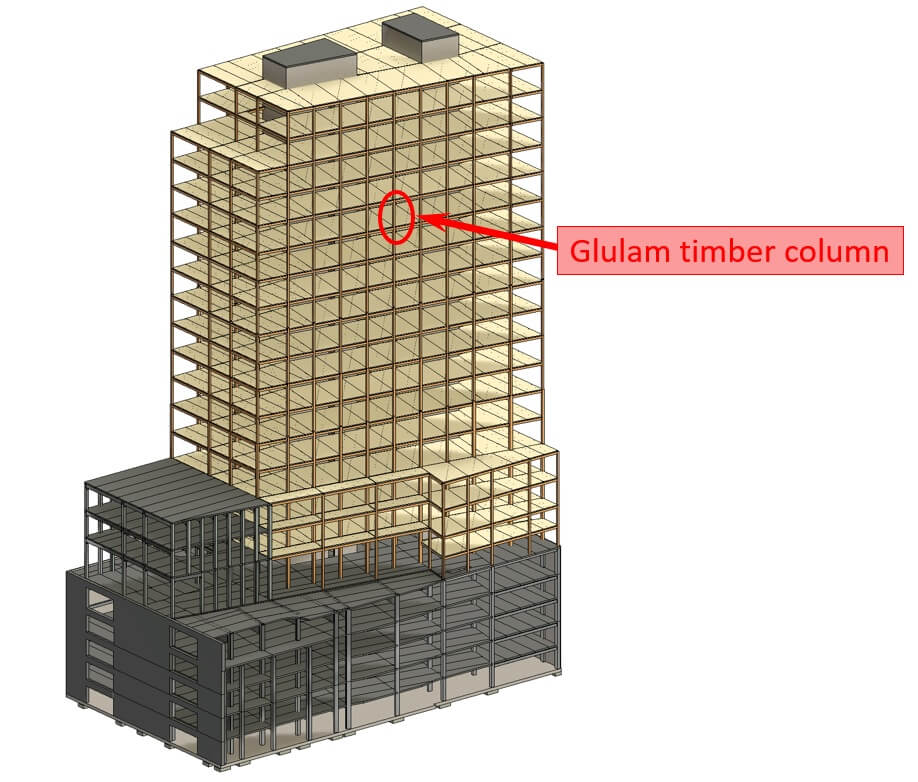 Glulam timber column as the vertical load bearing element of a high-rise building.