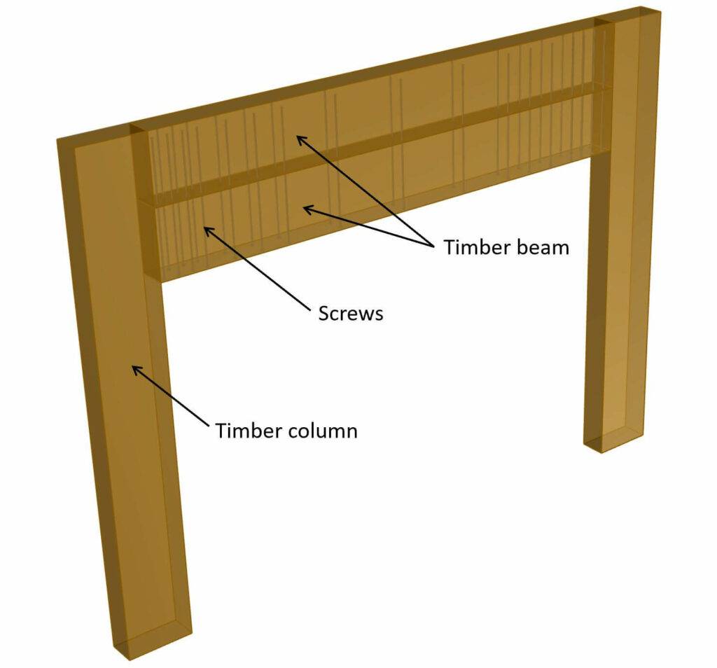 Double timber beam with 2 beams which are connected to each other by screws.